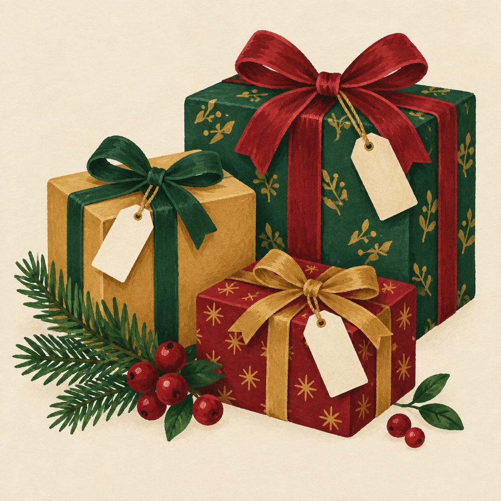 Wrapped presents with pine and berries